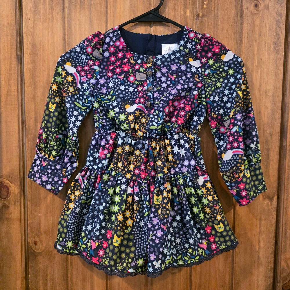 Disney Floral Ruffle Dress Kids Size 4 Navy Blue Excellent Hummingbird Butterfly